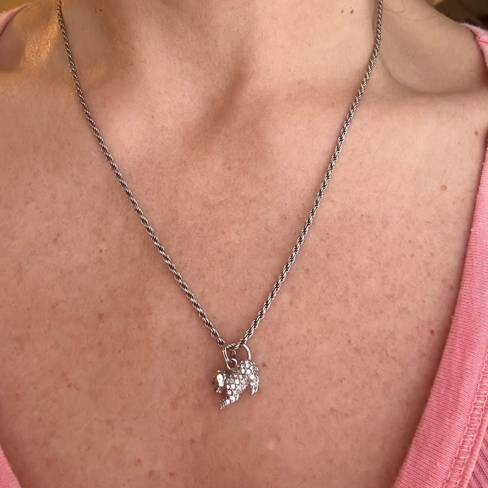 New sterling silver necklace with black and white crystal puppy pendant